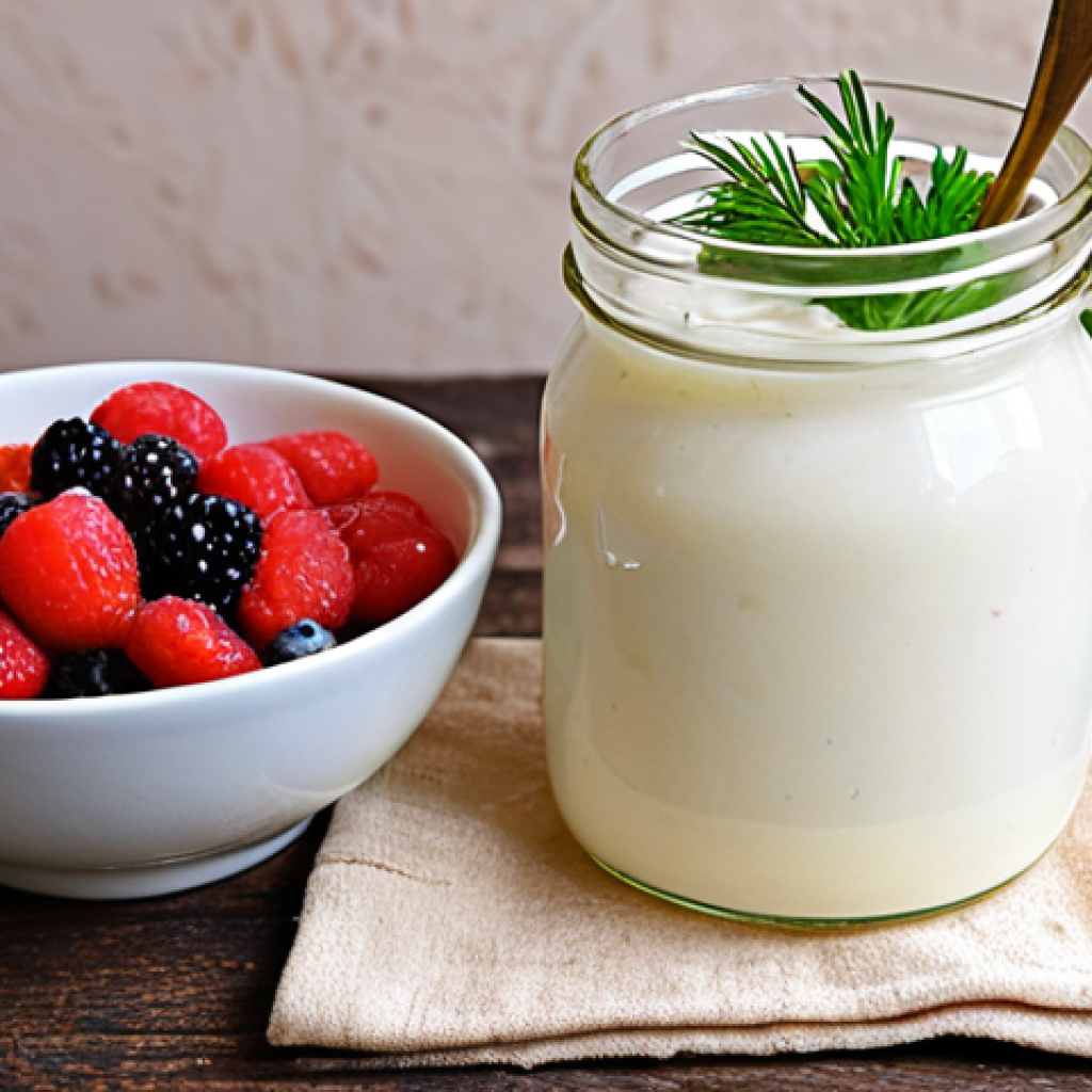A colorful and inviting image of a table laden with Turkish foods rich in probiotics. Focus on *ev yapımı yoğurt* (homemade yogurt) in a ceramic bowl with fresh berries and a drizzle of honey, a jar of *lahana turşusu* (sauerkraut) with dill, and a glass of *kefir* garnished with mint. The scene should evoke a feeling of *afiyet olsun* (bon appétit) and well-being, suggesting natural relief from constipation.