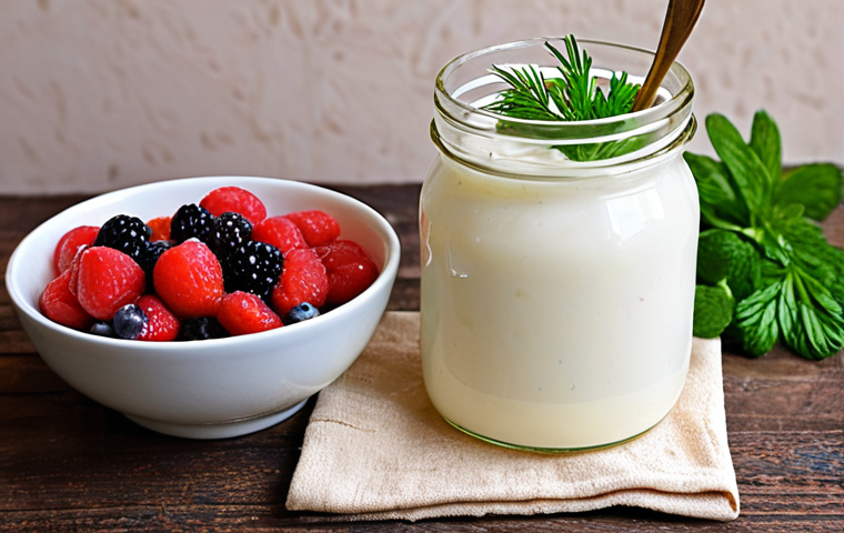 A colorful and inviting image of a table laden with Turkish foods rich in probiotics. Focus on *ev yapımı yoğurt* (homemade yogurt) in a ceramic bowl with fresh berries and a drizzle of honey, a jar of *lahana turşusu* (sauerkraut) with dill, and a glass of *kefir* garnished with mint. The scene should evoke a feeling of *afiyet olsun* (bon appétit) and well-being, suggesting natural relief from constipation.