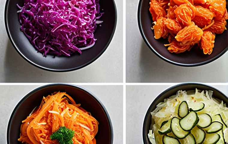 **
Fermented vegetables like pickles, kimchi, and sauerkraut are displayed artfully. Emphasize the vibrant colors and textures of the vegetables. Focus on a healthy and natural food aesthetic.
**